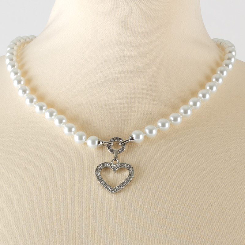 Perlenkette mit Zwischenring und Strassherz SL608-26